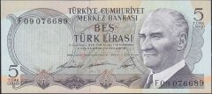 6.Emisyon 1.Tertip 5 Lira F09 076689 Çilaltı