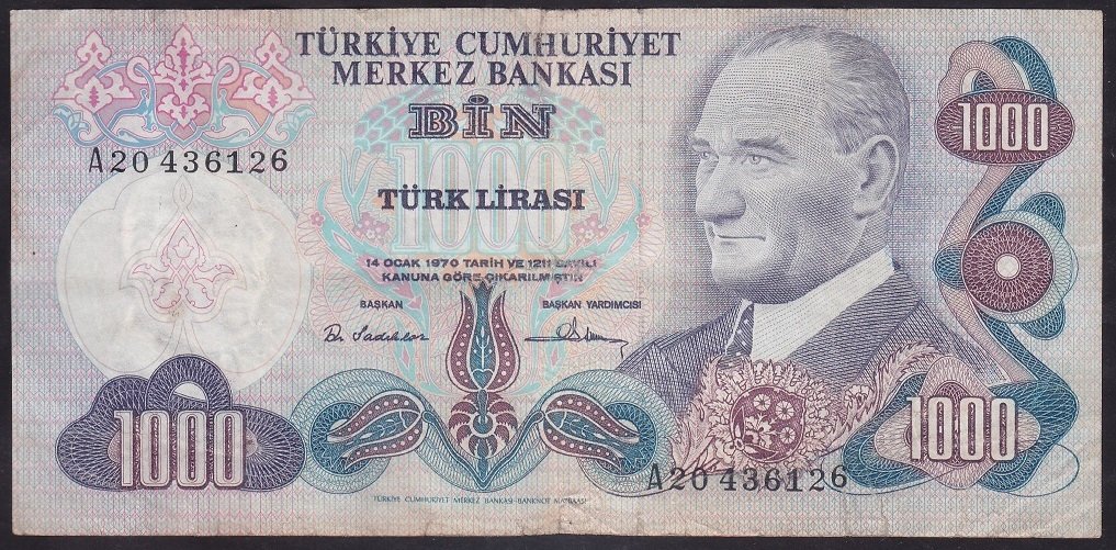 6.EMİSYON 1.TERTİP 1000 LİRA A20 436126 TEMİZ eski kağıt para fiyatları