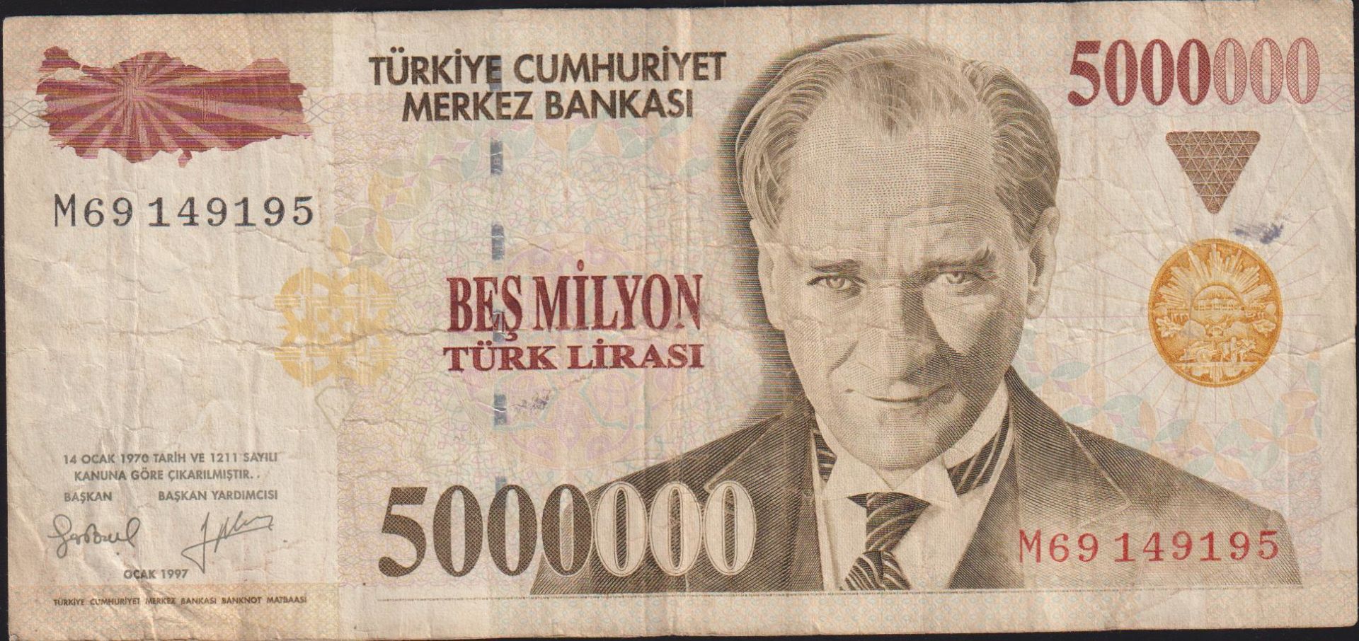 7.Emisyon 5 000 000 Lira M69 149195 Çok Temiz