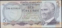 6.Emisyon 2.Tertip 5 Lira Z94 425910 Çok Temiz+