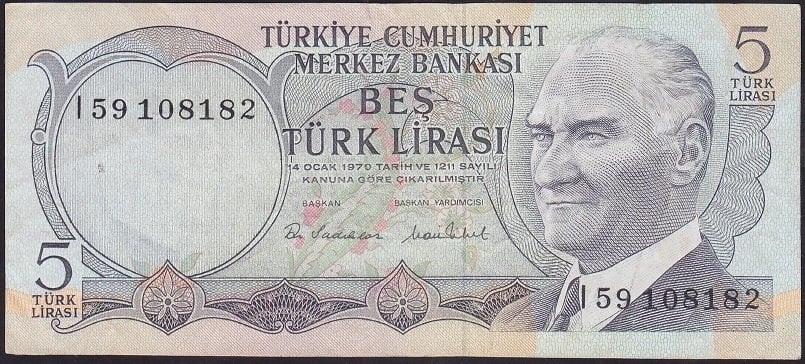 6.EMİSYON 2.TERTİP 5 LİRA I59 108182 ÇOK TEMİZ