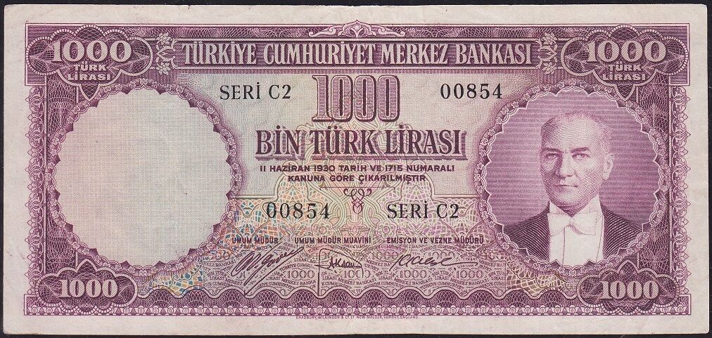 5.Emisyon 1.Tertip 1000 Lira C2 00854 Çok Temiz+