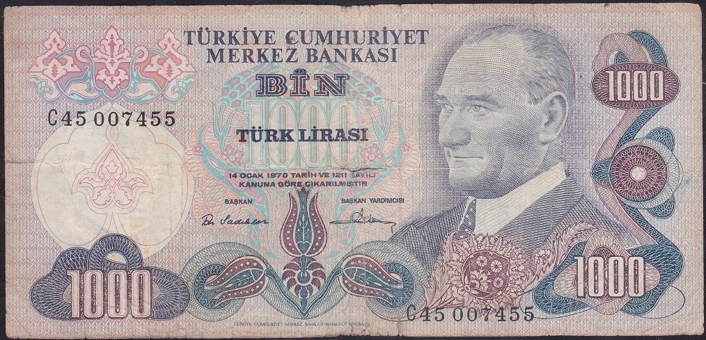 6.Emisyon 1.Tertip 1000 Lira C45 007455 Temiz