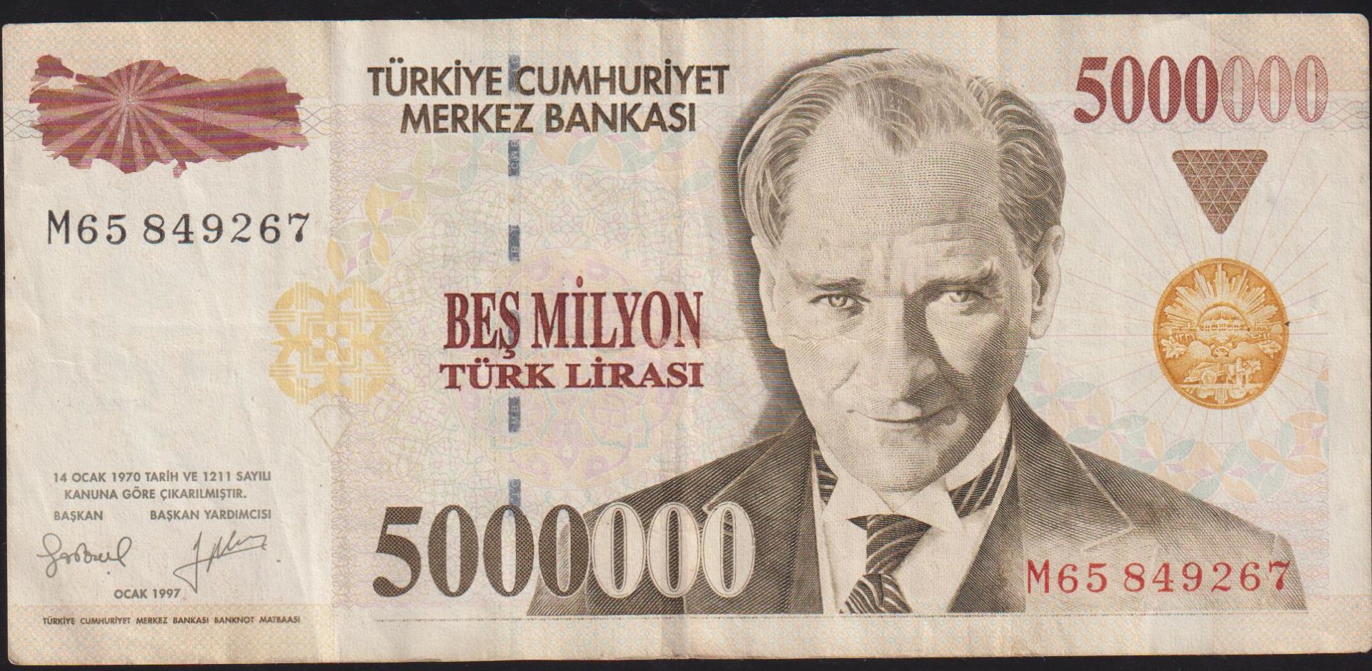 7.Emisyon 5 000 000 Lira M65 849267 Çok Temiz+