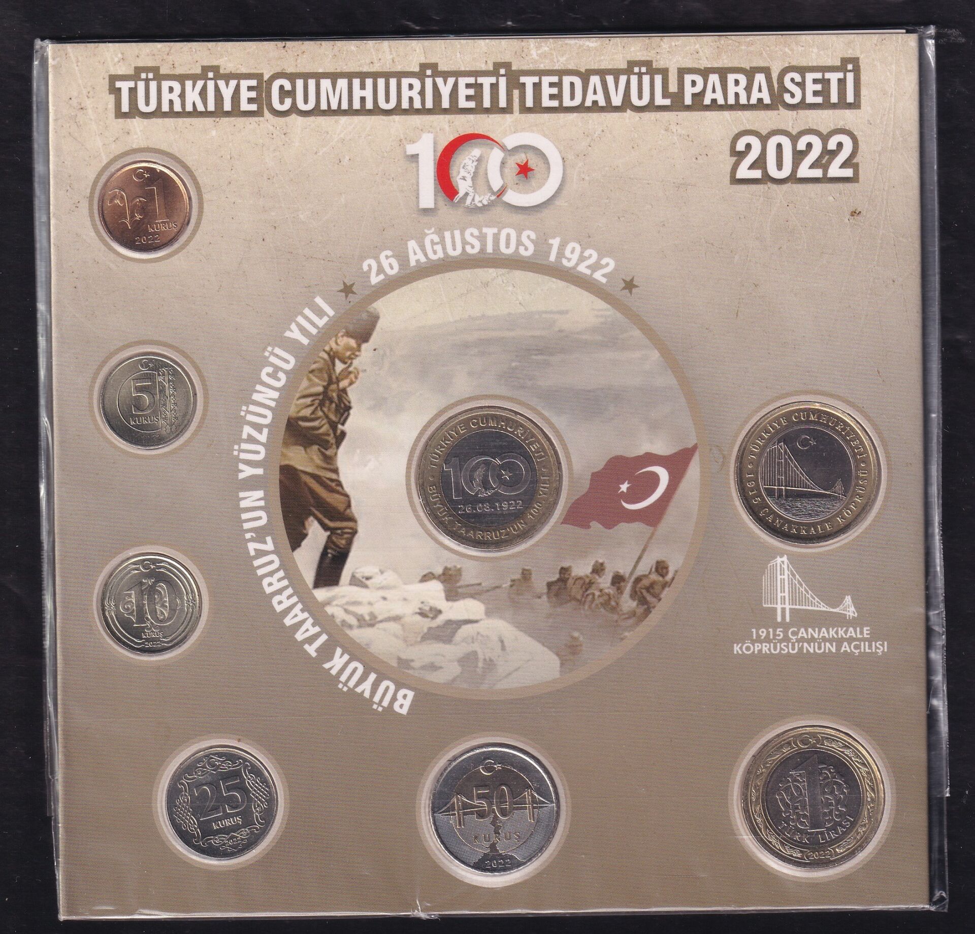 2022 Türkiye Cumhuriyeti Tedavul,100.yıl ve Çanakkale Hatira Seti Çil