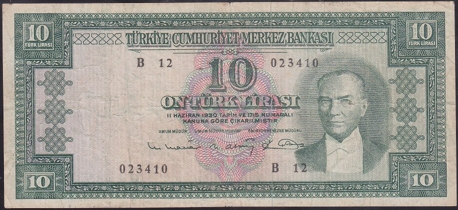 5.EMİSYON 6.TERTİP 10 LİRA B12 023410 TEMİZ (İŞLEMLİ)