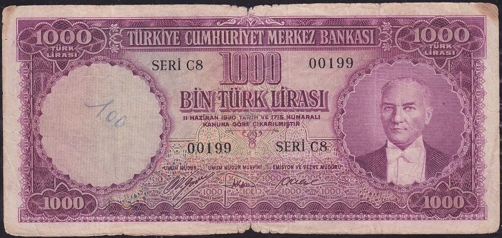 5.Emisyon 1.Tertip 1000 Lira C8 00199 Temiz