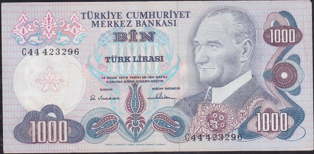 6.Emisyon 1.Tertip 1000 Lira C44 423296 Çok Temiz +