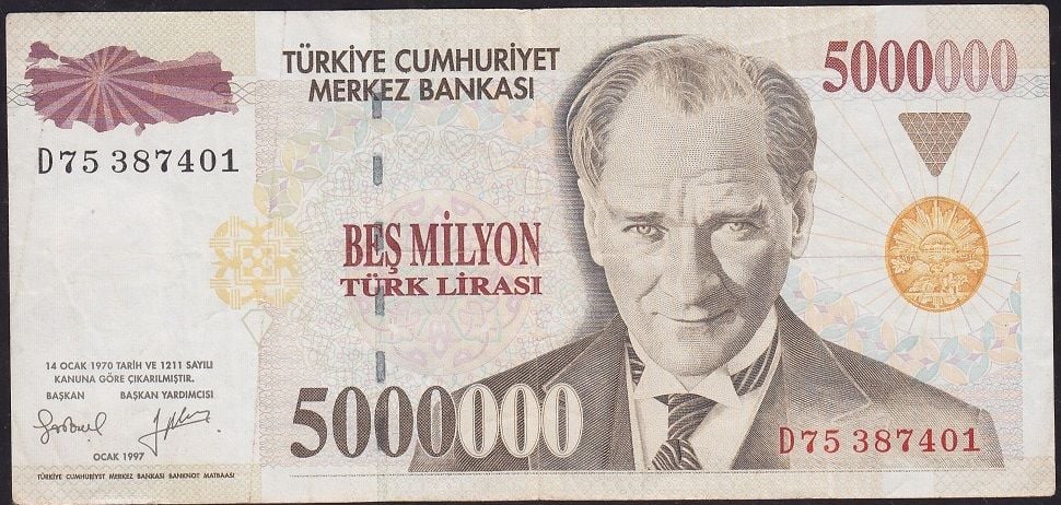 7.Emisyon 5 000 000 Lira D75 387401 Çok Temiz+