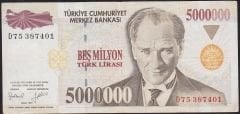 7.Emisyon 5 000 000 Lira D75 387401 Çok Temiz+