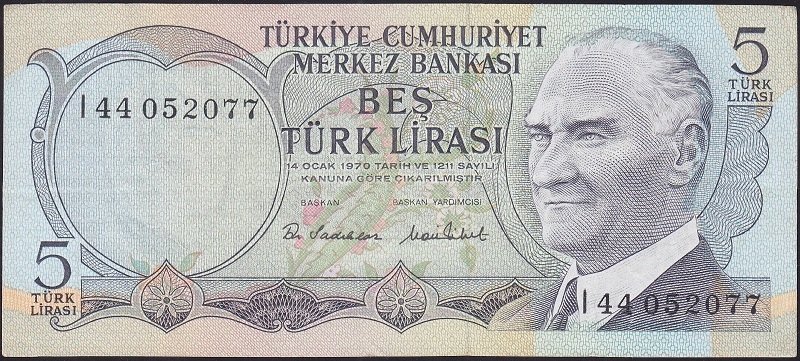 6.EMİSYON 2.TERTİP 5 LİRA I44 052077 ÇOK TEMİZ