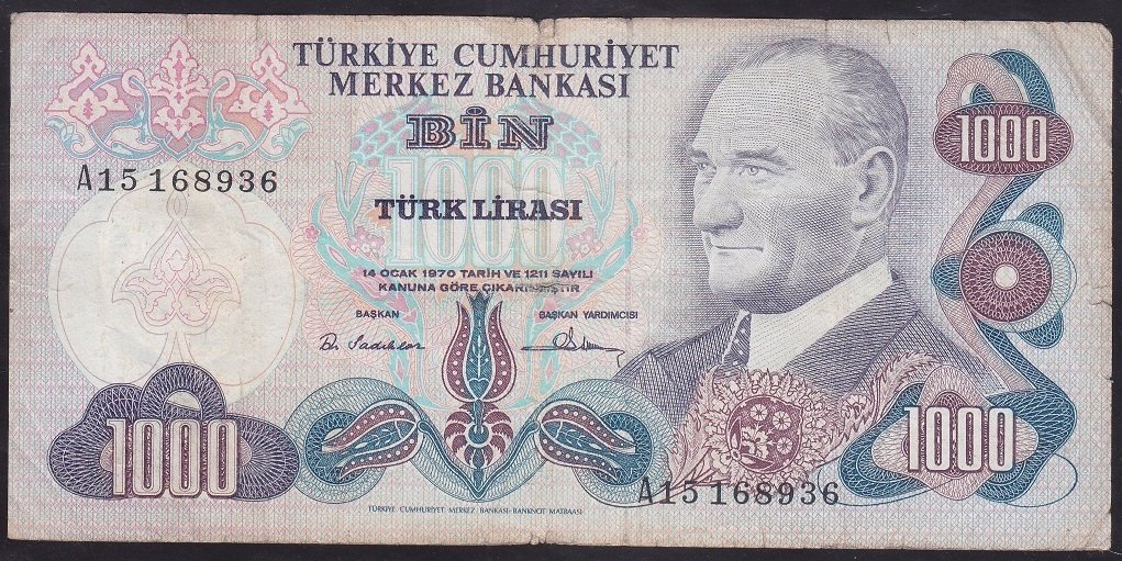 6.EMİSYON 1.TERTİP 1000 LİRA A15 168936 TEMİZ