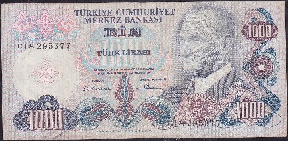 6.Emisyon 1.Tertip 1000 Lira C18 295377 Çok Temiz