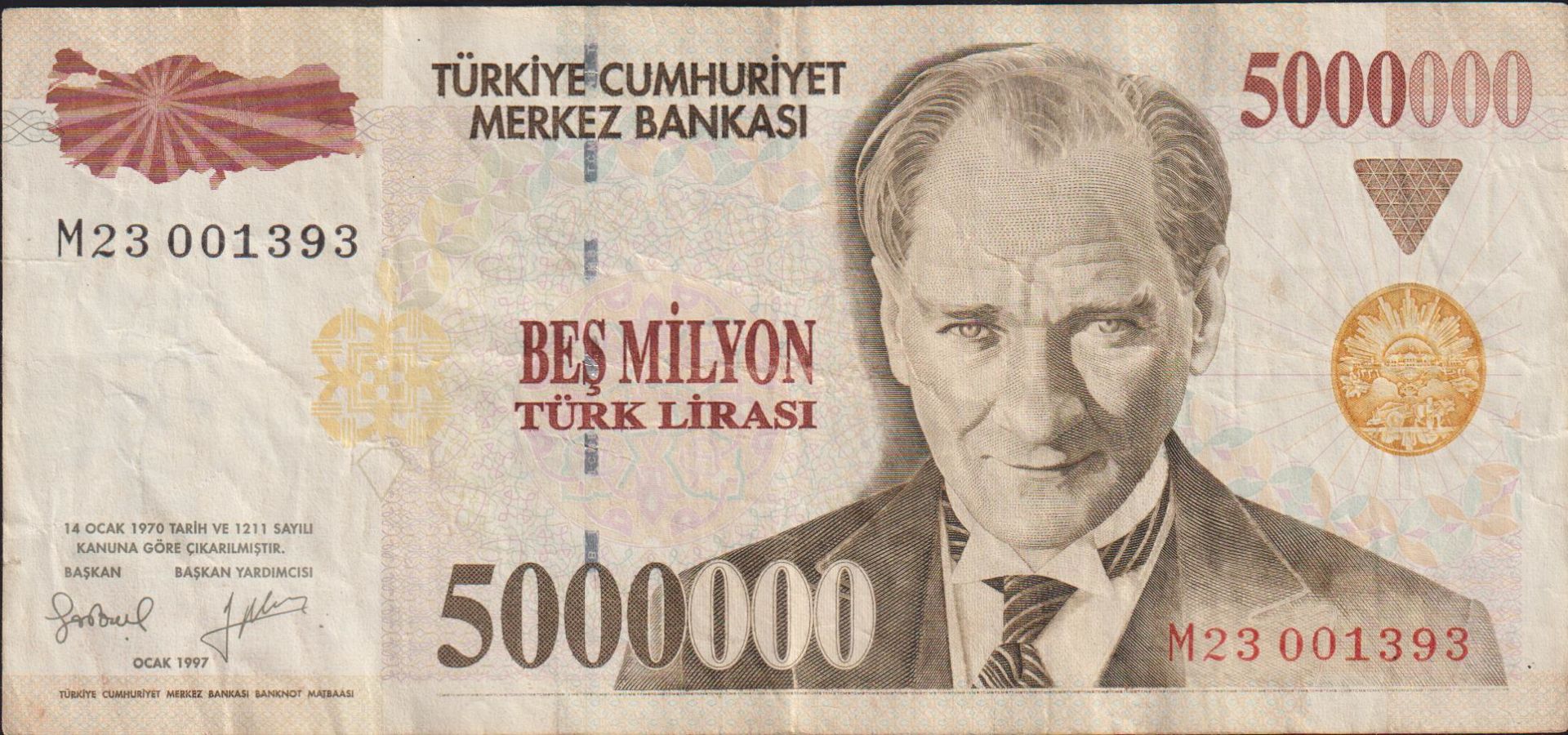 7.Emisyon 5 000 000 Lira M23 001393 Çok Temiz