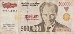 7.Emisyon 5 000 000 Lira M23 001393 Çok Temiz