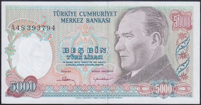7.EMİSYON 1.TERTİP 5000 LİRA A48 393794 ÇÇT