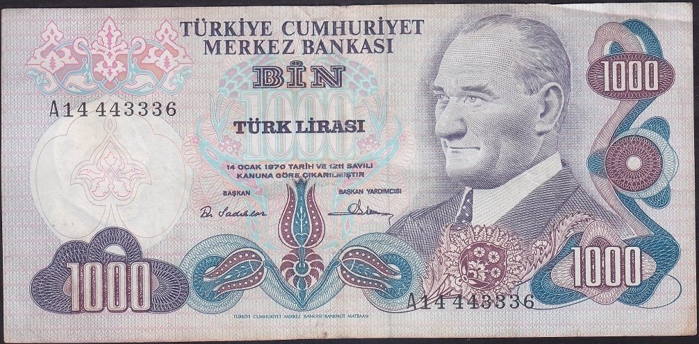 6.EMİSYON 1.TERTİP 1000 LİRA A14 443336 ÇOK TEMİZ