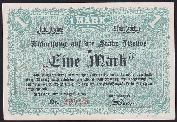 Almanya 1 Mark Notgeld 1920 Çil Filigranlı