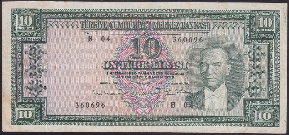 5.EMİSYON 6.TERTİP 10 LİRA B04 360696 ÇOK TEMİZ