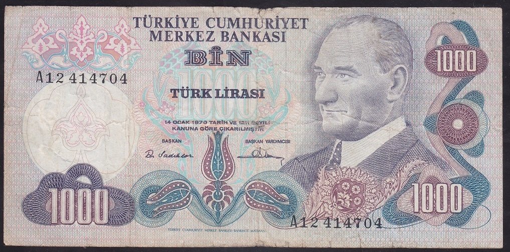 6.EMİSYON 1.TERTİP 1000 LİRA A12 414704 TEMİZ eski kağıt para fiyatları