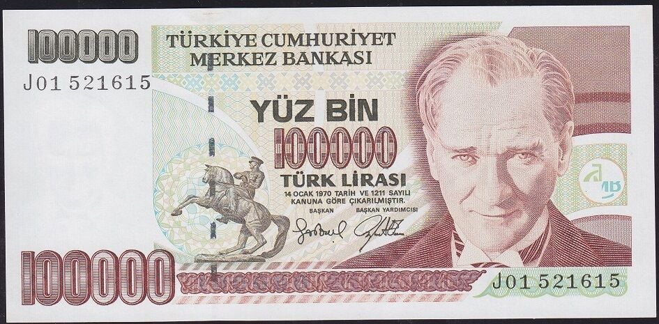 7.Emisyon 3.Tertip 100000 Lira J01 521615 Çil
