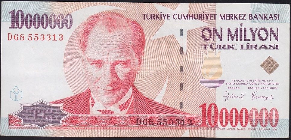 7.Emisyon 10 000 000 Lira D68 553313 Çok Temiz+