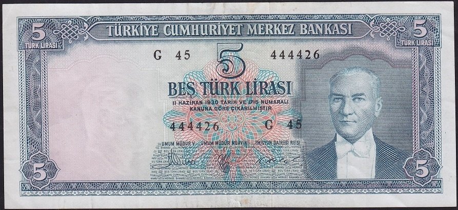 5.Emisyon 3.Tertip 5 Lira G45 444426 Çok Temiz ++