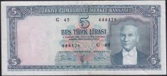5.Emisyon 3.Tertip 5 Lira G45 444426 Çok Temiz ++