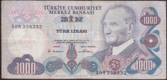 6.EMİSYON 1.TERTİP 1000 LİRA A08 358332 TEMİZ eski kağıt para değerleri