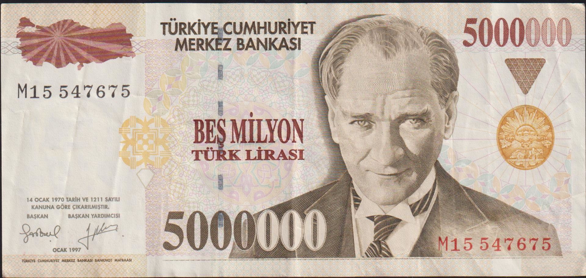 7.Emisyon 5 000 000 Lira M15 547675 Çok Temiz+