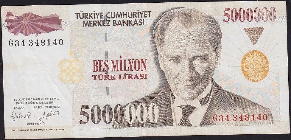 7.Emisyon 5 000 000 Lira G34 348140 Çok Temiz+