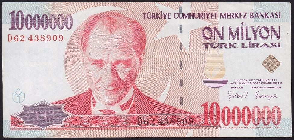 7.Emisyon 10 000 000 Lira D62 438909 Çok Temiz+