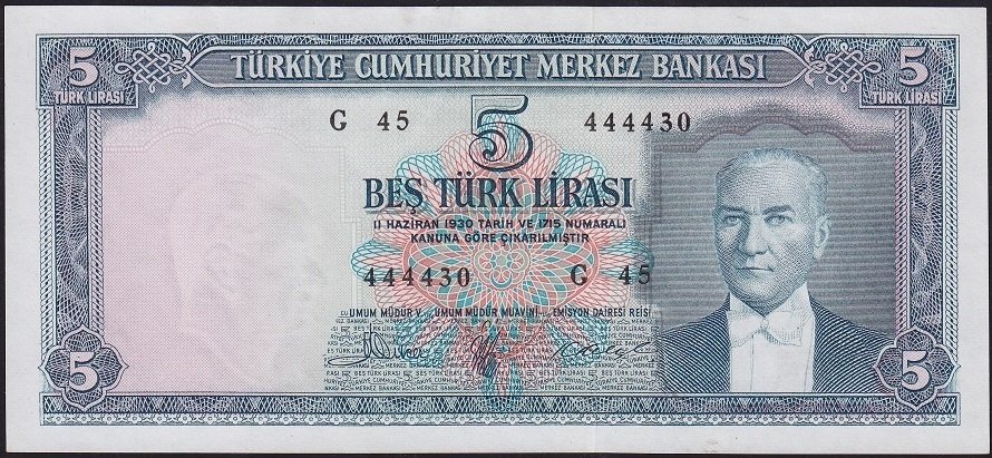 5.Emisyon 3.Tertip 5 Lira G45 444430 Çok Çok Temiz +