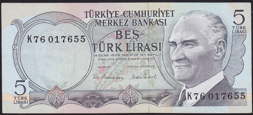 6.Emisyon 2.Tertip 5 Lira K76 017655 Çok Çok Temiz+