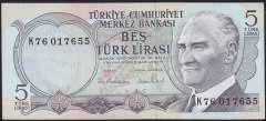 6.Emisyon 2.Tertip 5 Lira K76 017655 Çok Çok Temiz+