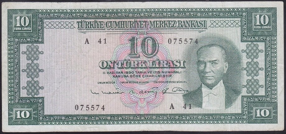 5.EMİSYON 6.TERTİP 10 LİRA A41 075574 ÇOK TEMİZ ( DÜZLEME VAR ) eski kağıt para değerleri