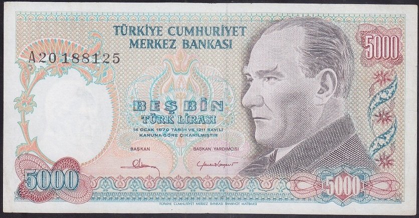 7.EMİSYON 1.TERTİP 5000 LİRA A20 188125 ÇOK TEMİZ +