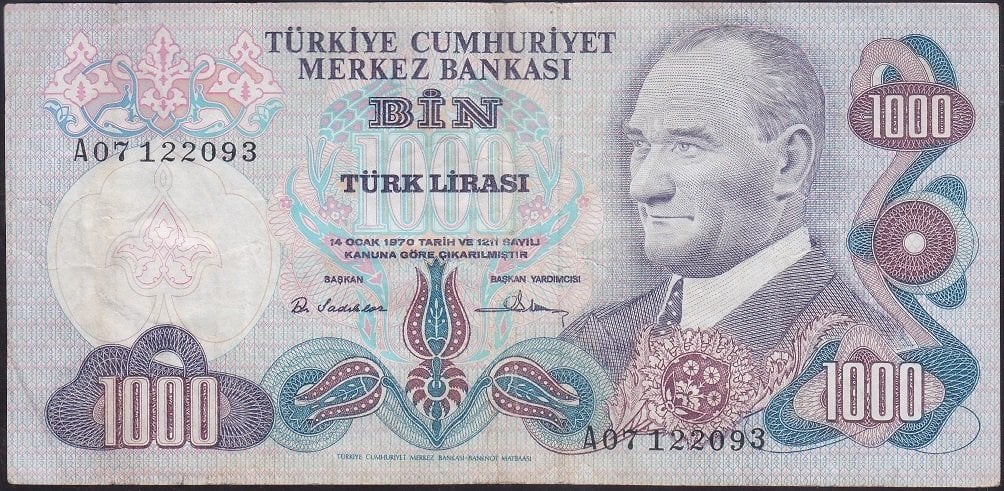 6.EMİSYON 1.TERTİP 1000 LİRA A07 122093 ÇOK TEMİZ