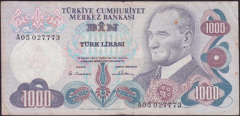 6.EMİSYON 1.TERTİP 1000 LİRA A05 027773 ÇOK TEMİZ