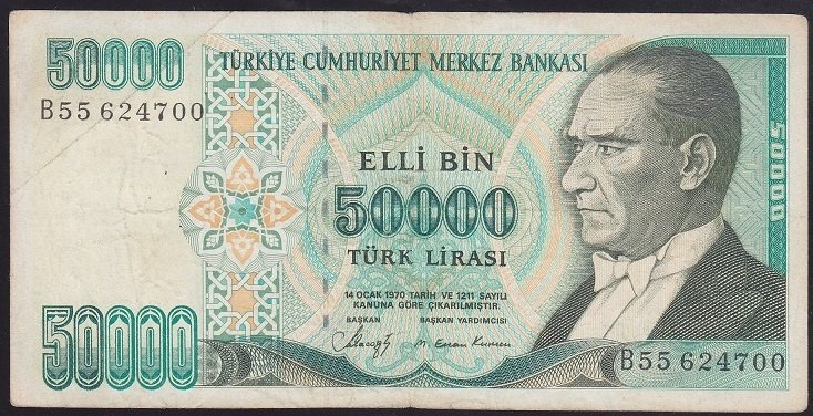 7.EMİSYON 1.TERTİP 50000 LİRA B55 624700 TEMİZ +