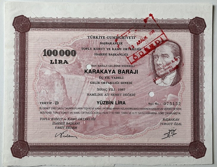 Karakaya Barajı Hisse Senedi 100.000 Lira 1987