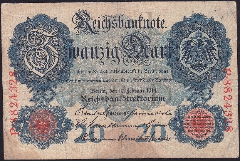 Almanya 20 Mark 1914 Çok Temiz 7 Rakam ( R47b ) Filigranlı