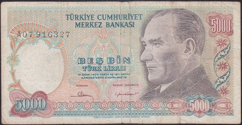 7.EMİSYON 1.TERTİP 5000 LİRA A07 916327 TEMİZ