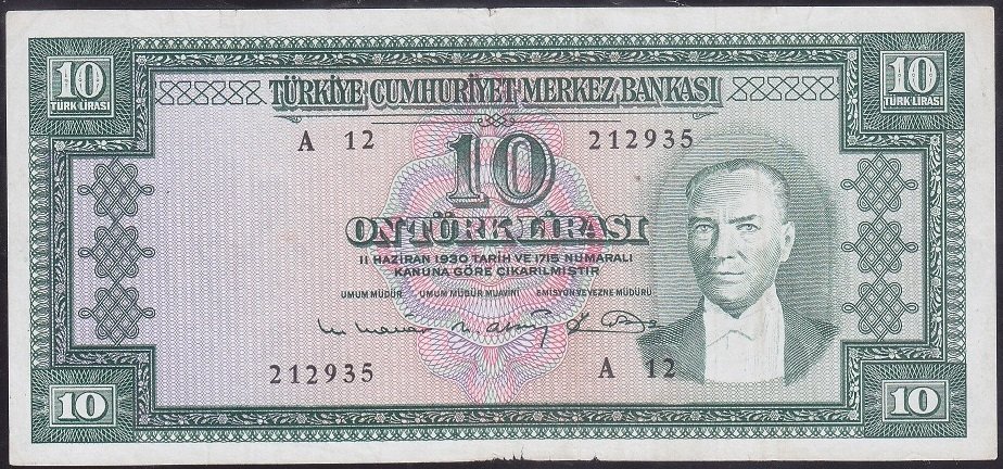 5.EMİSYON 6.TERTİP 10 LİRA A12 212935 ÇOK TEMİZ ( DÜZLEME VAR )