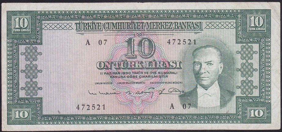 5.EMİSYON 6.TERTİP 10 LİRA A07 472521 ÇOK TEMİZ +