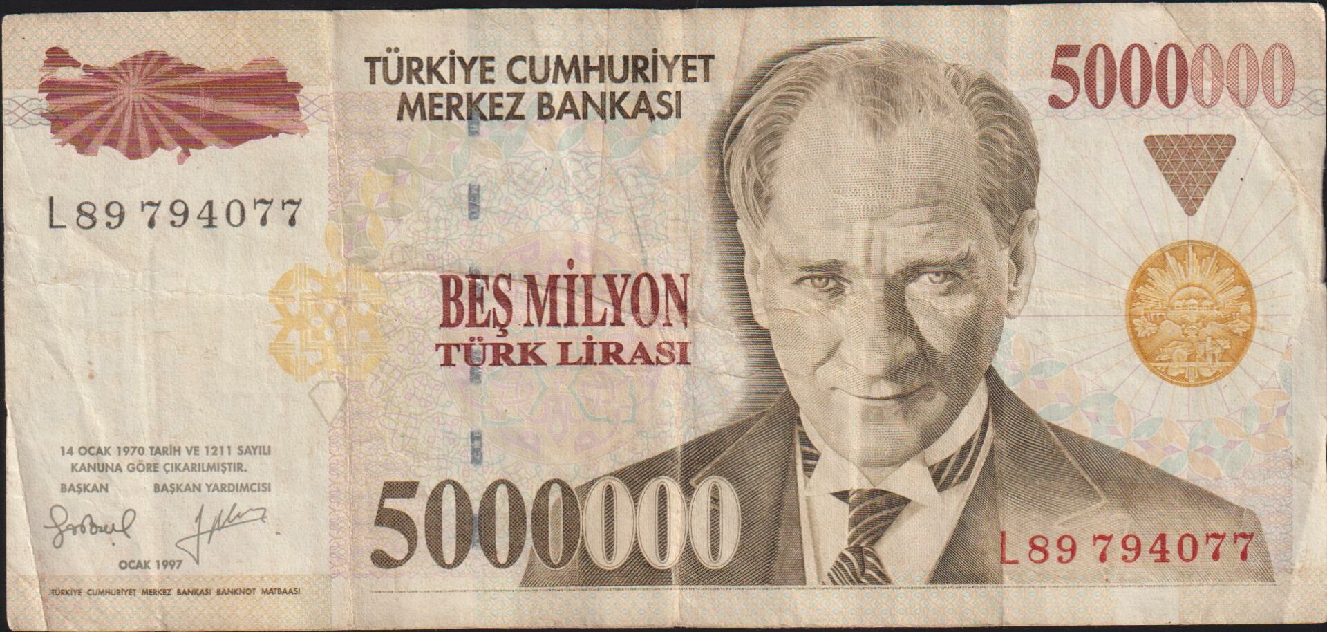 7.Emisyon 5 000 000 Lira L89 794077 Çok Temiz