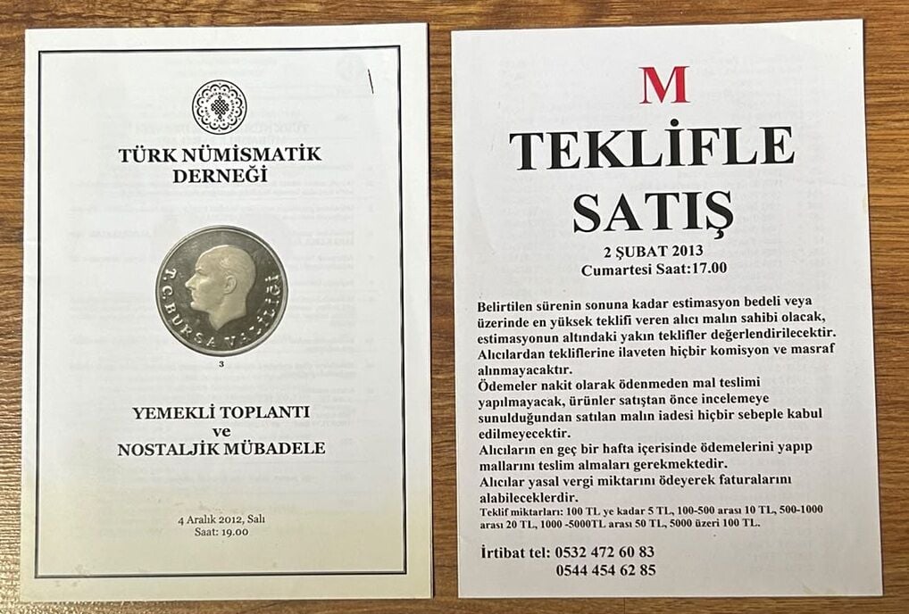 Türk Nümismatik Derneği Müzayede Broşürü 4 Aralı 2012 -2 Şubat 2013 Az Resimli 5 ve 3  Sayfa