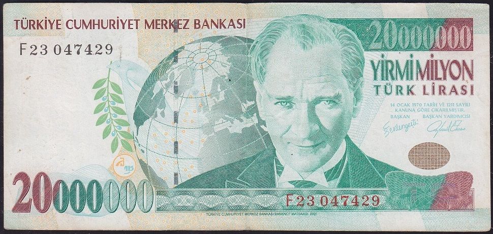 7.Emisyon 20 000 000 Lira F23 047429 Çok Temiz+