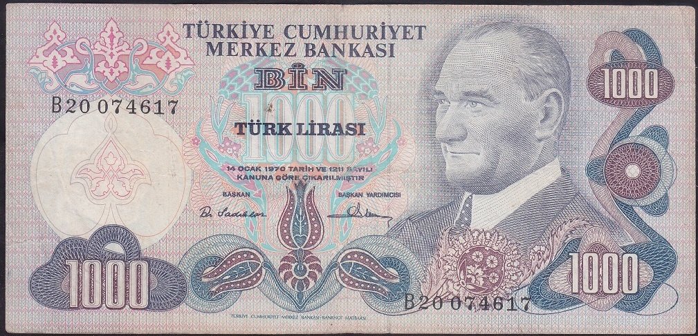 6.Emisyon 1.Tertip 1000 Lira B20 074617 Çok Temiz