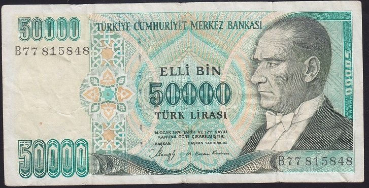 7.EMİSYON 1.TERTİP 50000 LİRA B77 815848 TEMİZ